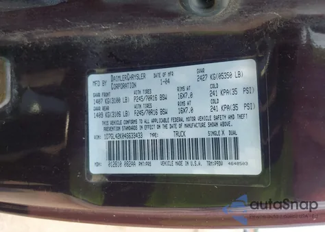 2004 Dodge Dakota Slt from USA, damaged, VIN 1D7GL42K04S633433